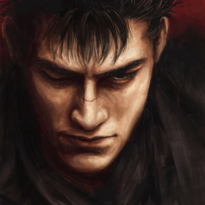 1boy, bangs, berserk, black_hair, brown_eyes, closed_mouth, eyebrows_visible_through_hair, eyelashes