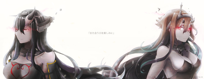 2girls, asymmetrical_horns, battleship_hime, battleship_hime_(cosplay), battleship_water_oni, battleship_water_oni_(cosplay), black_dress, black_hair