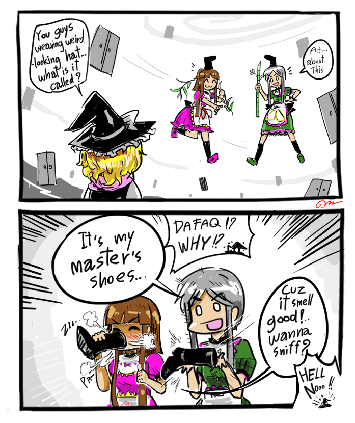3girls, :3, apron, bamboo, bangs, black_hat, black_legwear, blonde_hair