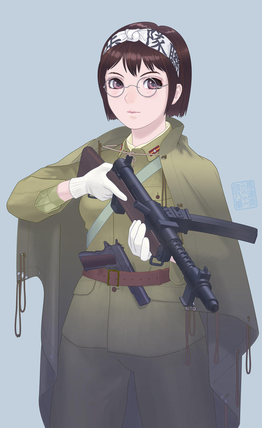 1girl, belt, brown_hair, cloak, commentary_request, glasses, gloves, gun