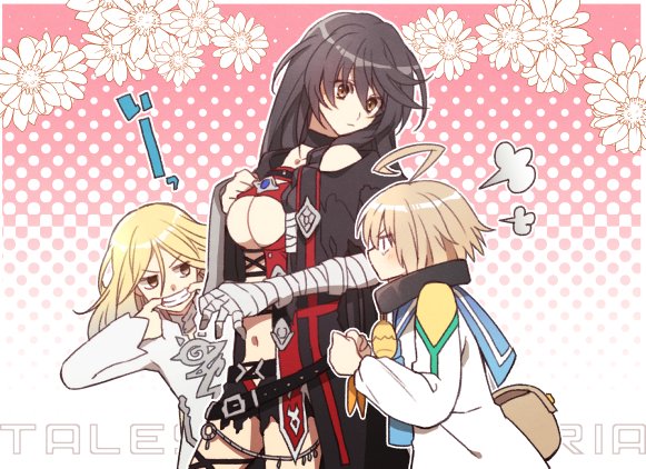 1girl, 2boys, ahoge, bandage, bare_shoulders, belt, black_choker, black_hair, blonde_hair, blush, braid, breasts, brother_and_sister, choco_taberusan, choker, collarbone, laphicet_(tales), laphicet_crowe, long_hair, medium_breasts, multiple_boys, navel, open_mouth, siblings, tales_of_(series), tales_of_berseria, thigh-highs, torn_clothes, under_boob, velvet_crowe, very_long_hair, yellow_eyes