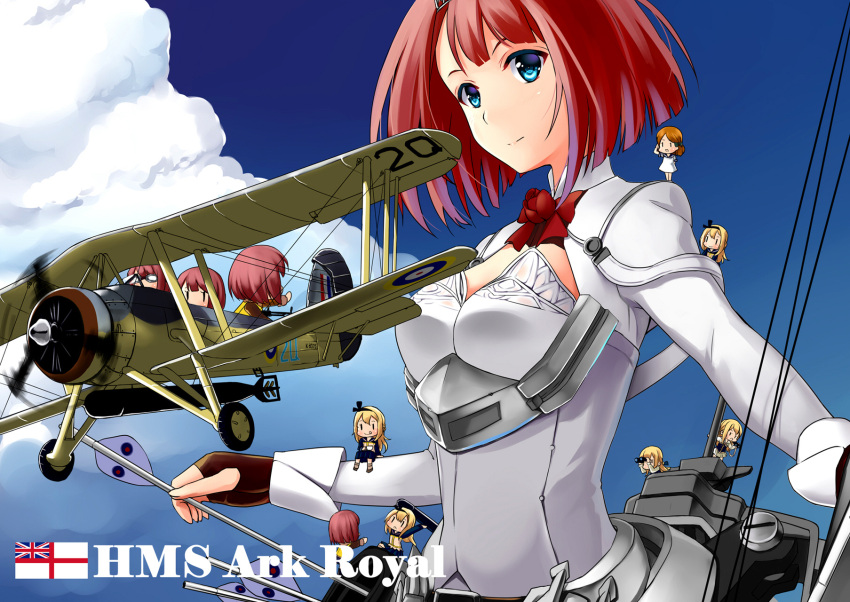 10s, 6+girls, aircraft, airplane, ark_royal_(kantai_collection), blue_eyes, bob_cut, character_name