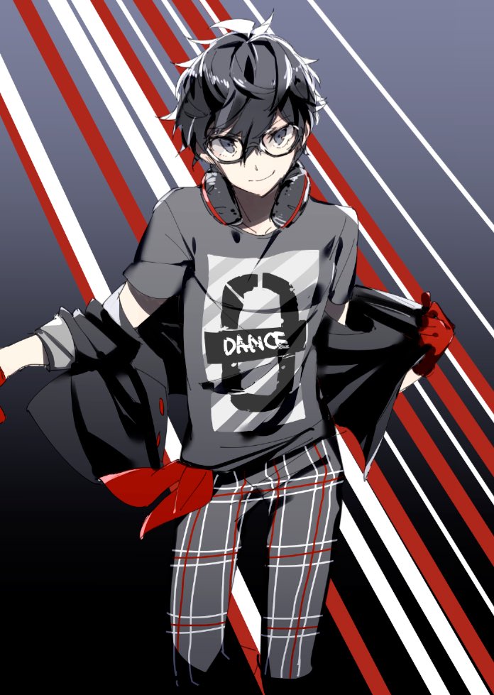1boy, black_hair, glasses, gloves, headphones, kurusu_akira, looking_at_viewer, male_focus