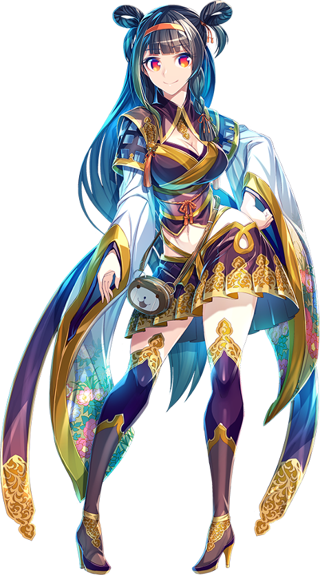 1girl, black_hair, breasts, cleavage, dual_wielding, full_body, hair_ornament, hairband
