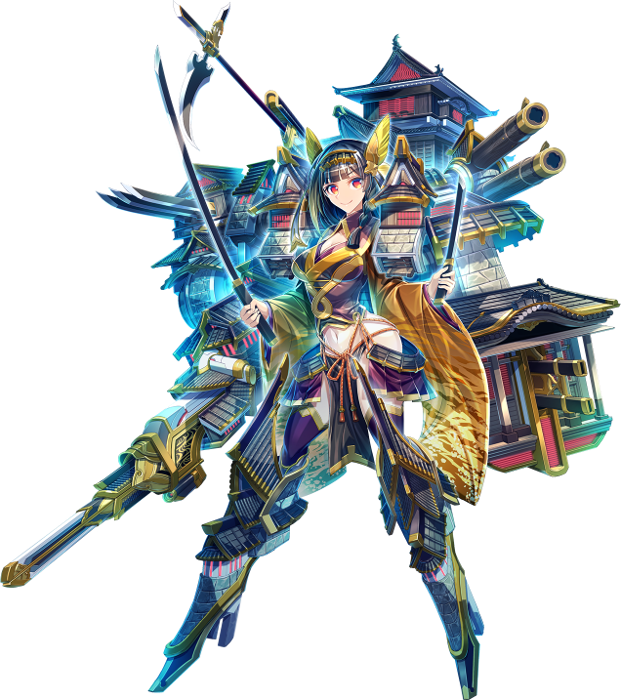 1girl, architecture, black_hair, breasts, castle, cleavage, dual_wielding, east_asian_architecture