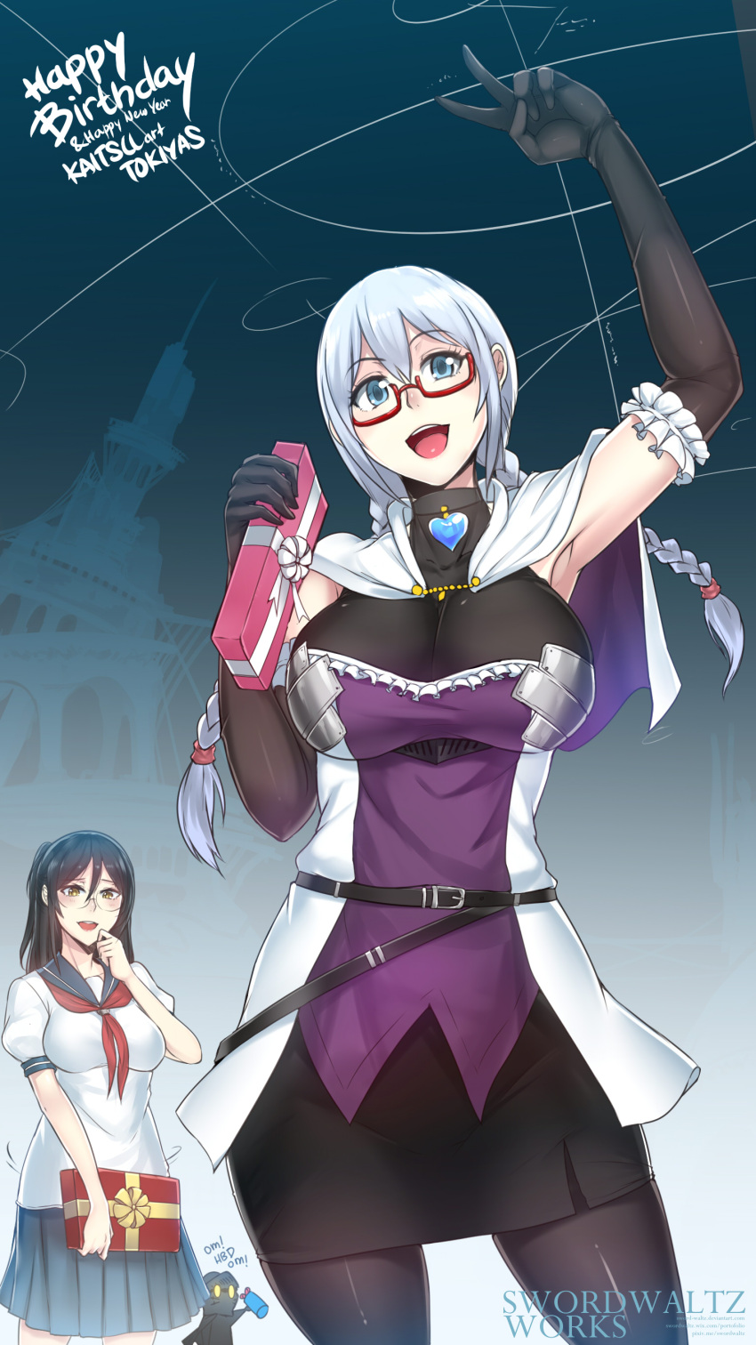 2girls, :d, absurdres, artist_name, belt, black_gloves, black_legwear, black_skirt