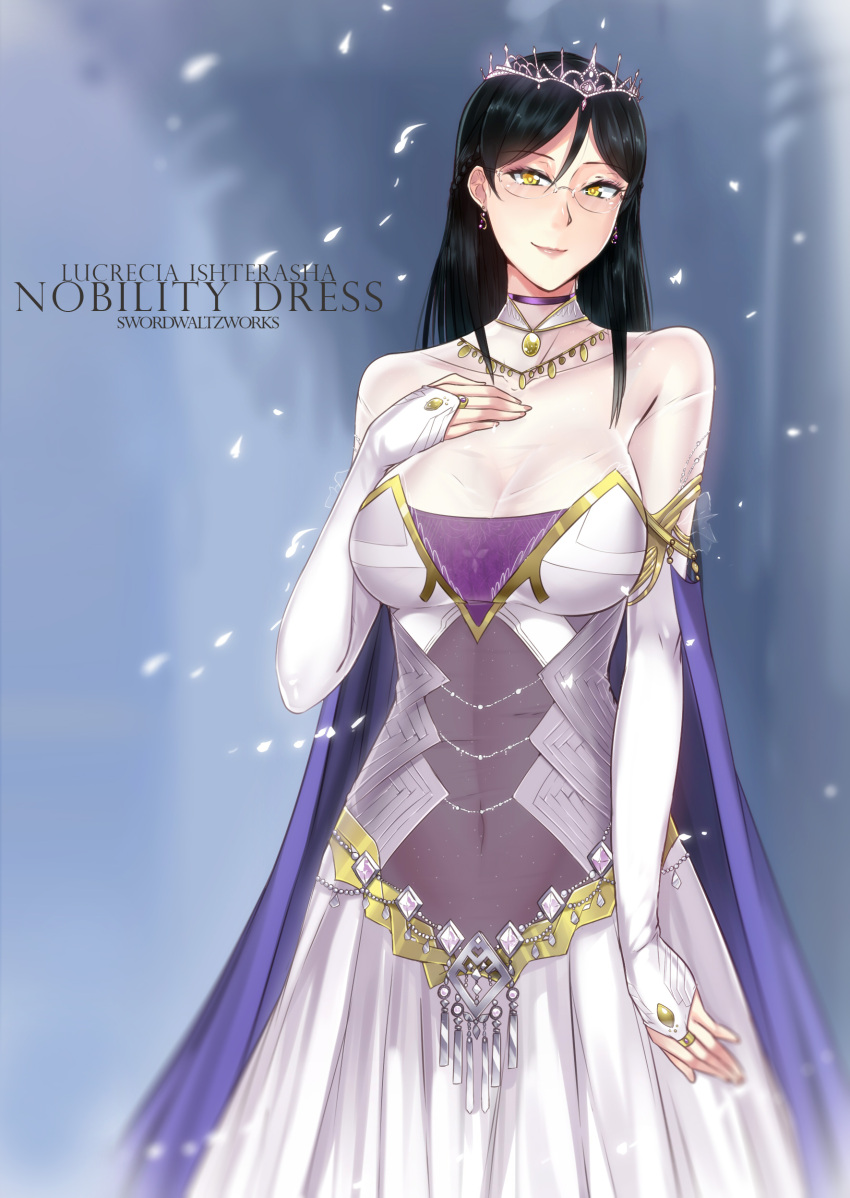 1girl, absurdres, artist_name, black_hair, blurry, braid, breasts, bridal_gauntlets