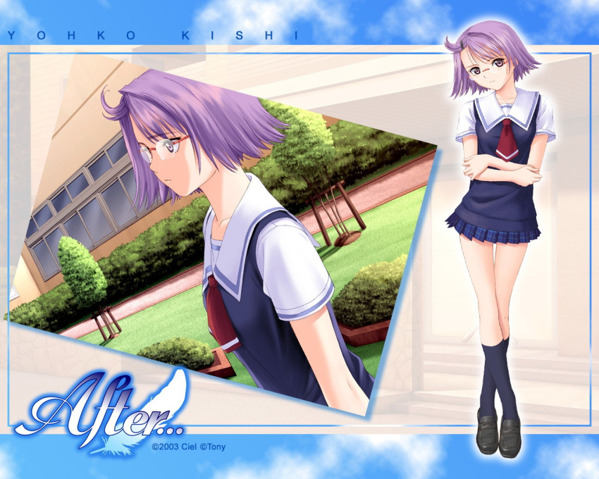 after_sweet_kiss, dutch_angle, glasses, grass, hair_ornament, hairclip, kishi_youko, kneehighs