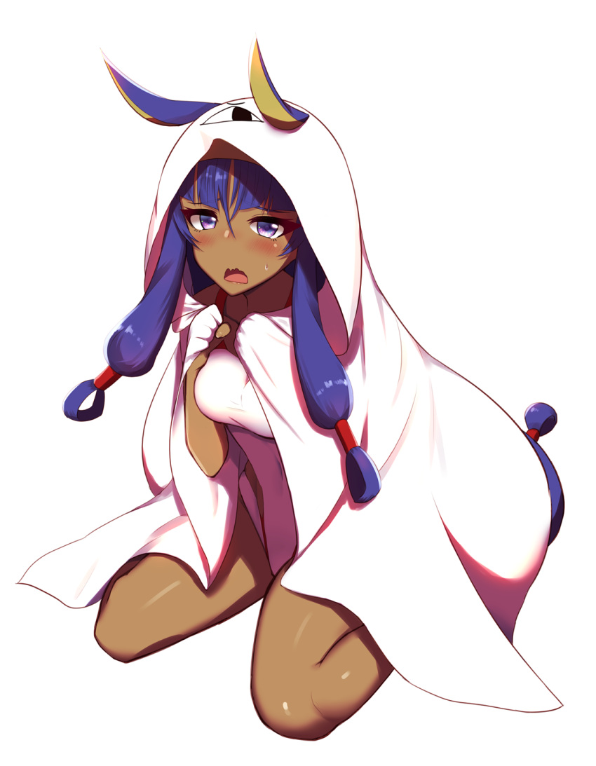 1girl, animal_ears, blush, breasts, dark_skin, fate/grand_order, fate_(series), highres, htighs, kuroshiro_(ms-2420), long_hair, looking_at_viewer, nitocris_(fate/grand_order), nitocris_(swimsuit_assassin)_(fate), purple_hair, rabbit_ears, simple_background, sitting, solo, sweatdrop, thighw, very_long_hair, violet_eyes, wariza