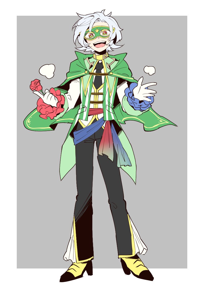 1boy, :d, black_necktie, blush, cape, capelet, domino_mask, frills, full_body, gen_4_pokemon, green_cape, green_eyes, grey_background, looking_at_viewer, male_focus, mask, necktie, open_mouth, personification, pokemon, roserade, sash, simple_background, smile, yasubaru