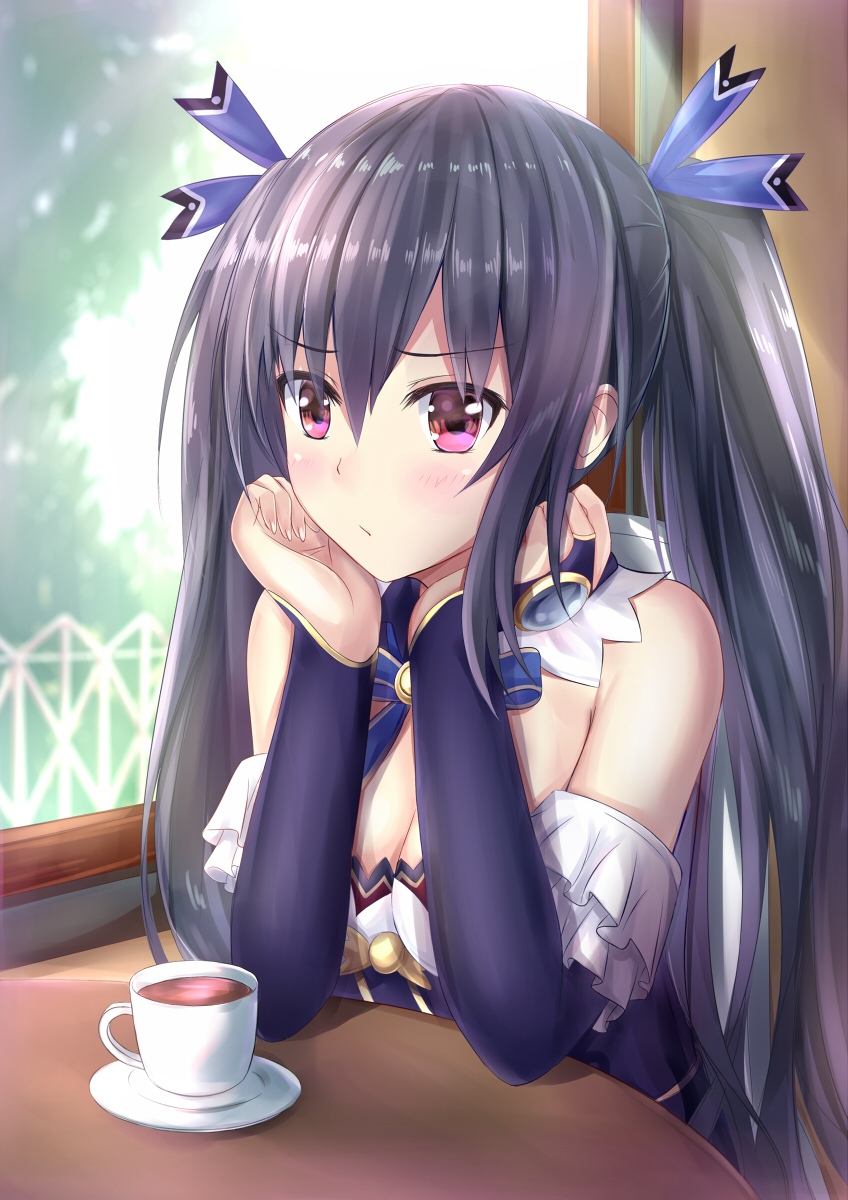 1girl, bare_shoulders, black_hair, blush, breasts, cleavage, cup, hair_ornament