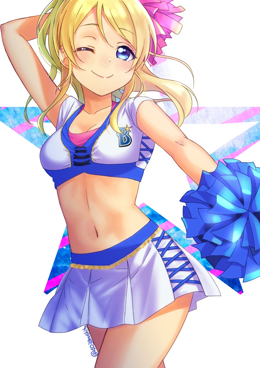 1girl, 403_(artist), ;), ayase_eli, blonde_hair, blue_eyes, breasts, cheerleader, cleavage, collarbone, cowboy_shot, crop_top, eyebrows_visible_through_hair, floating_hair, highres, long_hair, love_live!, love_live!_school_idol_project, medium_breasts, midriff, miniskirt, navel, one_eye_closed, pleated_skirt, pom_poms, signature, simple_background, skirt, smile, solo, standing, stomach, white_background, white_skirt
