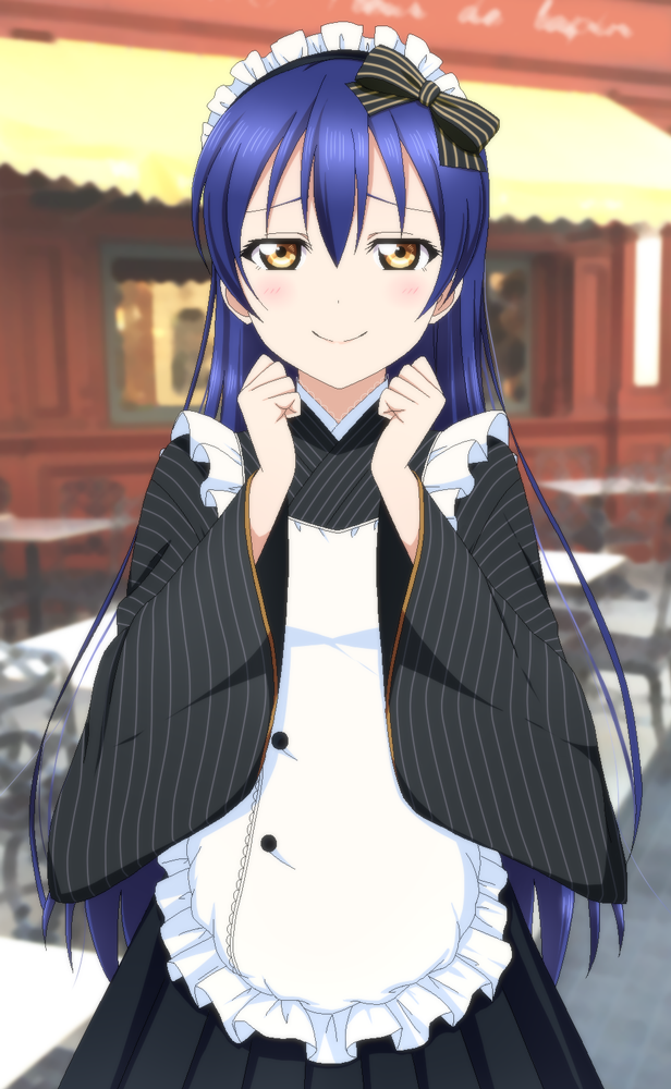 1girl, apron, black_kimono, blue_hair, hair_between_eyes, hair_ribbon, japanese_clothes, kazuma_(theworld000021)