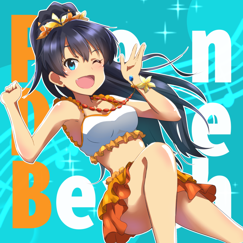 1girl, ;d, black_hair, blue_background, blue_eyes, bracelet, breasts, crop_top