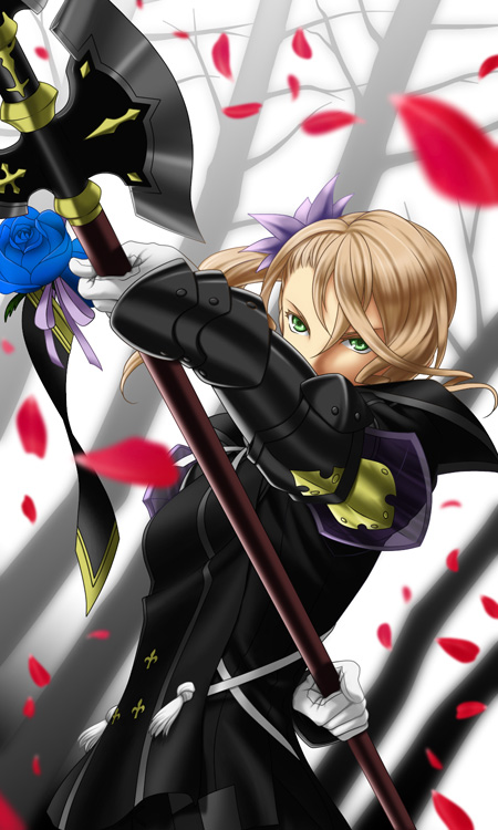 1girl, alisha_diphda, armor, blonde_hair, flower, green_eyes, hair_between_eyes, hair_flower