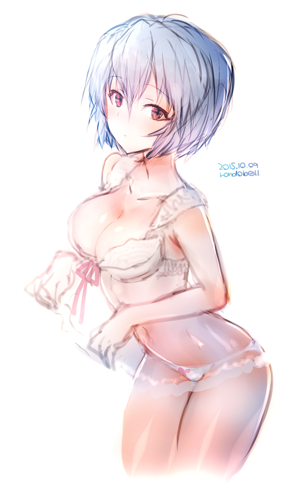 1girl, 2015, ayanami_rei, blue_hair, bra, breasts, cleavage, collarbone