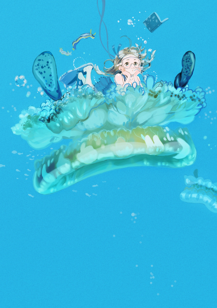 1girl, absurdres, blue_background, blue_dress, book, brown_hair, bubble, diving_mask