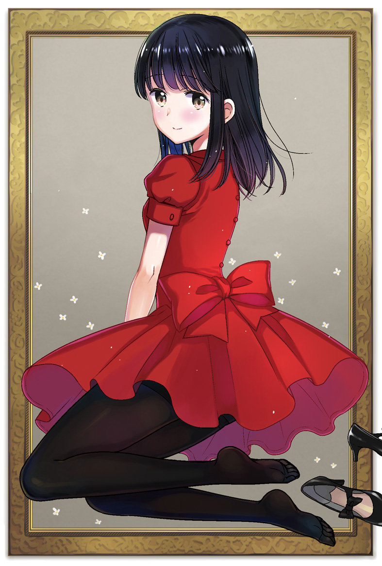 1girl, black_hair, black_legwear, brown_eyes, dress, framed_image, full_body, izumitanu, looking_back, original, pantyhose, red_dress, removed, school_uniform, serafuku, shoes