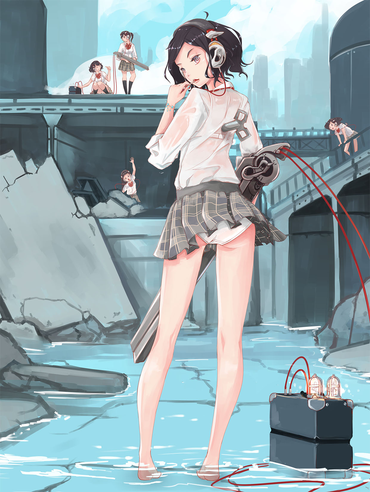 5girls, arm_up, barefoot, battery, black_hair, black_legwear, bra, candy