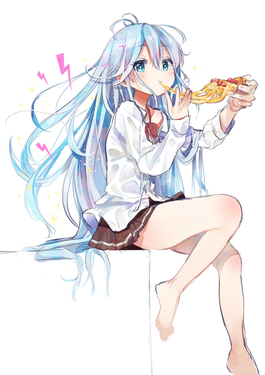 1girl, blue_eyes, blue_hair, denpa_onna_to_seishun_otoko, food, highres, long_hair, pizza