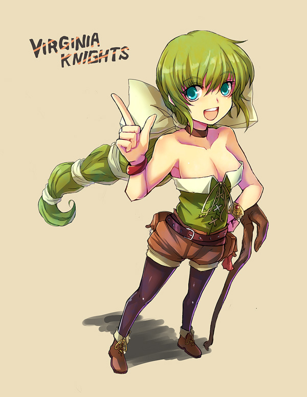 bare_shoulders, blue_eyes, braid, breasts, character_name, choker, cleavage, ginny_knights, green_hair, hair_ribbon, kara_(color), large_breasts, legwear_under_shorts, long_hair, pantyhose, ribbon, saga, saga_frontier, saga_frontier_2, sepia_background, shorts, staff, thigh-highs, thighhighs