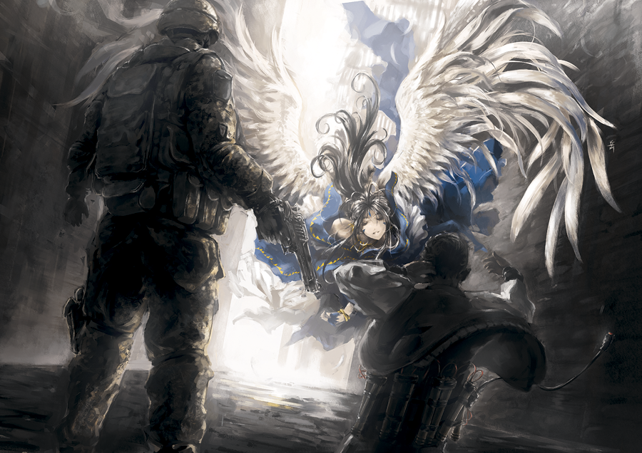 angel, angel_wings, archlich, belldandy, facial_mark, forehead_mark, gun, handgun