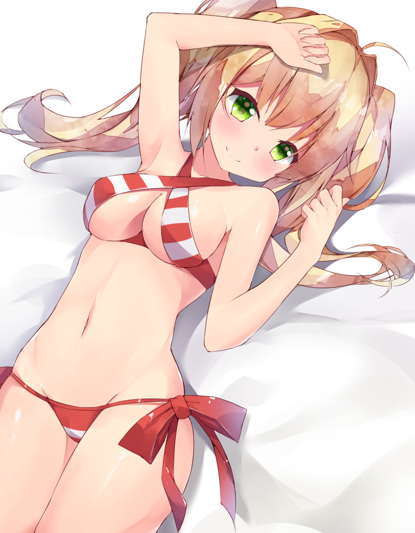1girl, ahoge, arm_up, bangs, bikini, blush, breasts, cleavage, closed_mouth, criss-cross_halter, fate/grand_order, fate_(series), hair_intakes, halter_top, halterneck, hand_up, highres, long_hair, looking_at_viewer, lying, medium_breasts, msile, nero_claudius_(swimsuit_caster)_(fate), on_back, red_bikini, side-tie_bikini, sidelocks, smile, solo, swimsuit, twintails, twiska_(doubitian), white_bikini