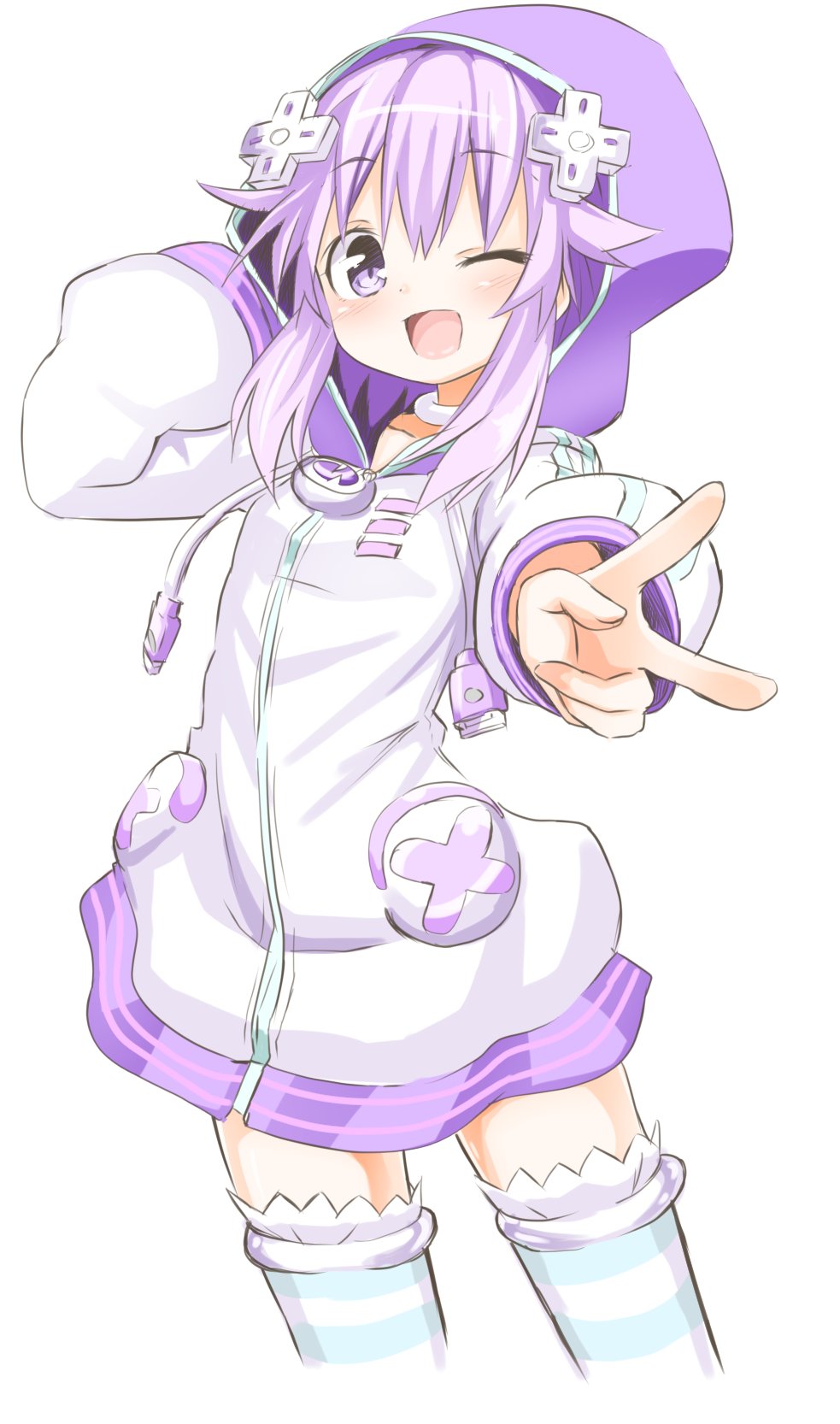 1girl, blush, cowboy_shot, d-pad, hair_ornament, highres, hood, hoodie