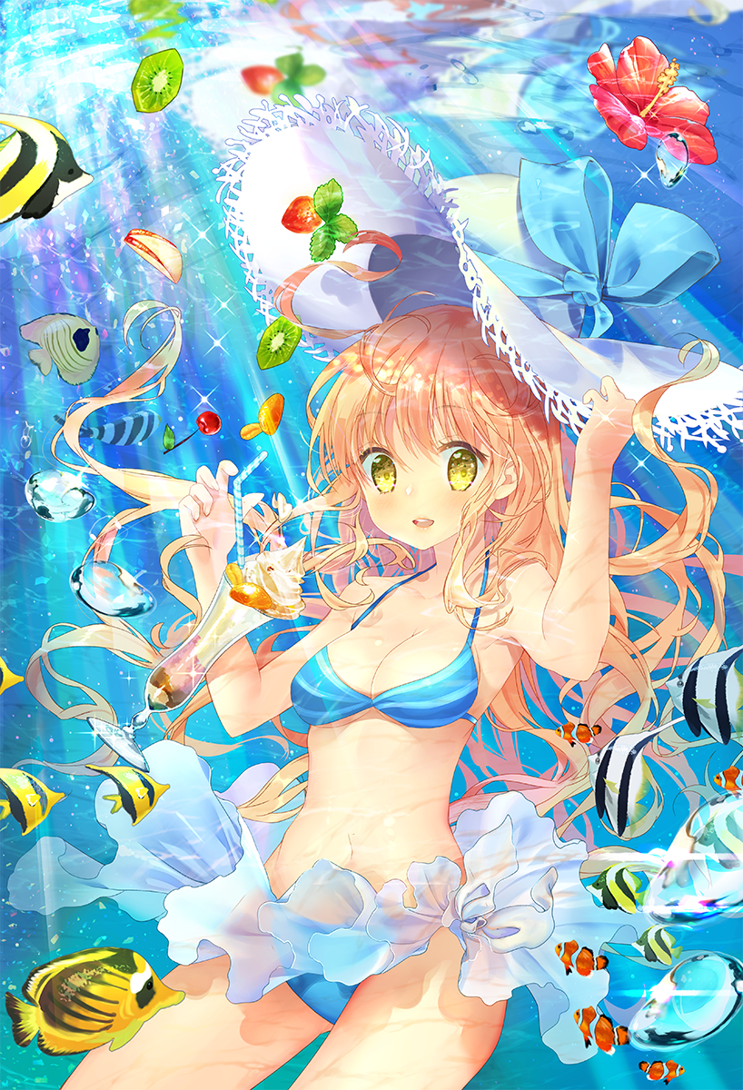 1girl, :d, air_bubble, angelfish, apple_bunny, bangs, bendy_straw, bikini