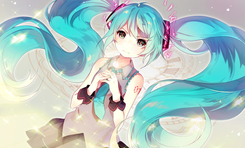 1girl, aqua_hair, floating_hair, green_eyes, hatsune_miku, interlocked_fingers, long_hair, necktie