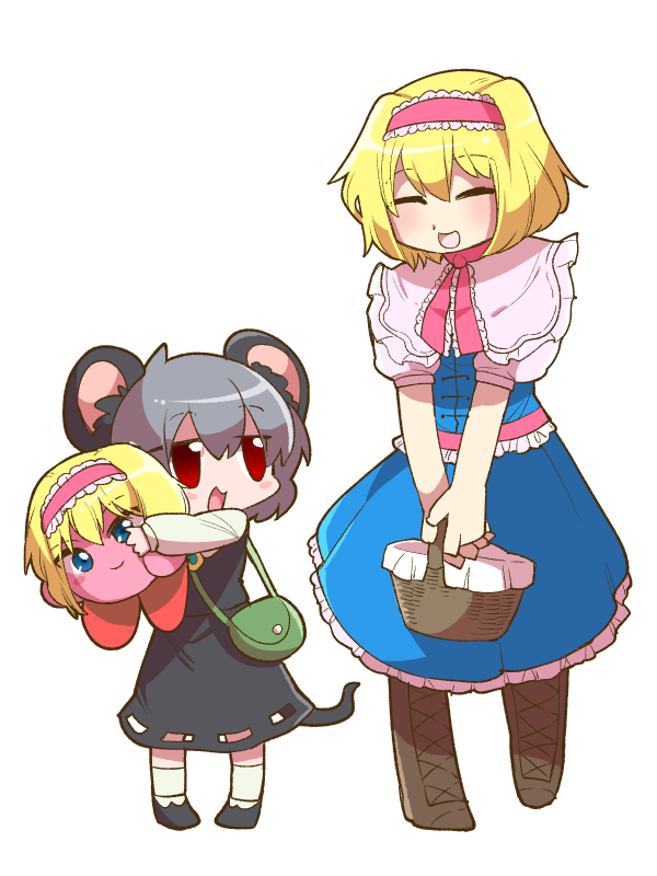 2girls, :d, alice_margatroid, animal_ears, bag, blonde_hair, blue_eyes, boots