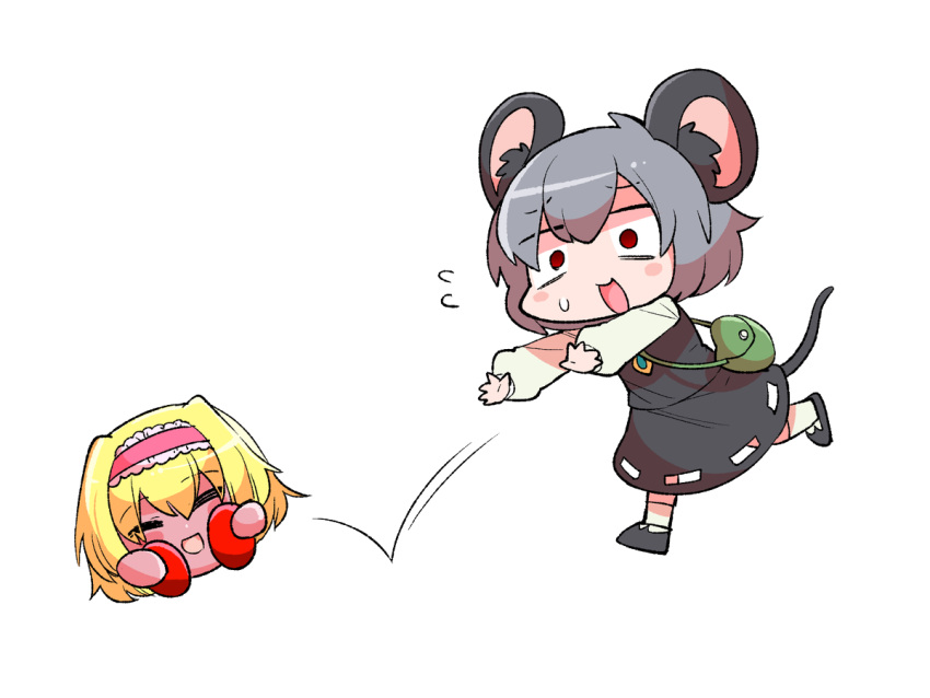 2girls, :d, alice_margatroid, animal_ears, bag, blonde_hair, grey_hair, handbag