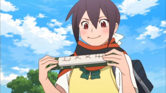 artist_request, blush, brown_hair, happy, red_eyes, scarf, scroll, short_sleeves