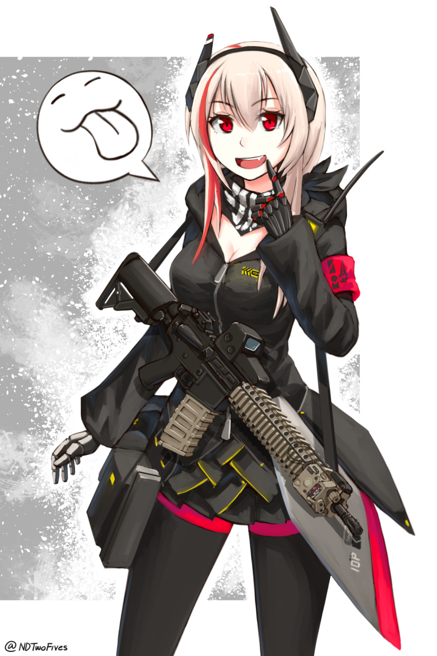 1girl, armband, assault_rifle, black, black_gloves, black_legwear, black_skirt, breasts, cleavage, commentary_request, fang, girls_frontline, gloves, gun, hair_between_eyes, headgear, highres, hood, hoodie, long_hair, looking_at_viewer, m4_carbine, m4_sopmod_ii_(girls_frontline), medium_breasts, multicolored_hair, ndtwofives, neckerchief, pantyhose, pink_hair, pleated_skirt, red_eyes, redhead, rifle, skirt, solo, stanag_magazine, streaked_hair, weapon