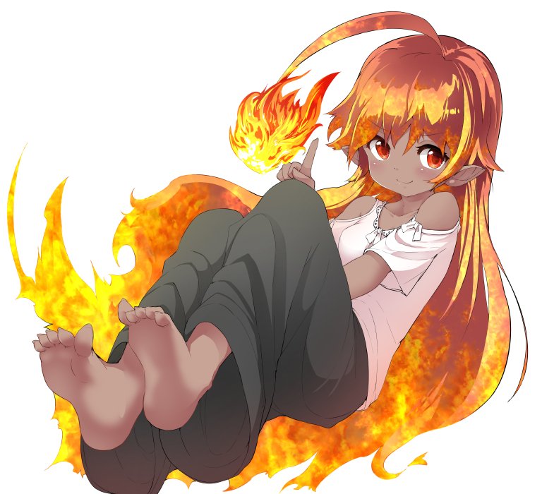 >:), 1girl, ahoge, barefoot, blonde_hair, dark_skin, feet, fiery_hair