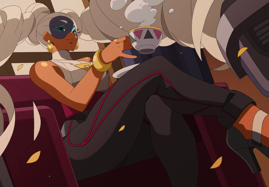 1girl, arms_(game), bare_shoulders, blonde_hair, bracelet, cup, dark_skin, drill_hair