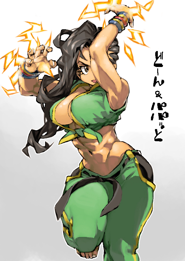 1girl, abs, arms_up, barefoot, black_hair, breasts, brown_eyes, dark_skin