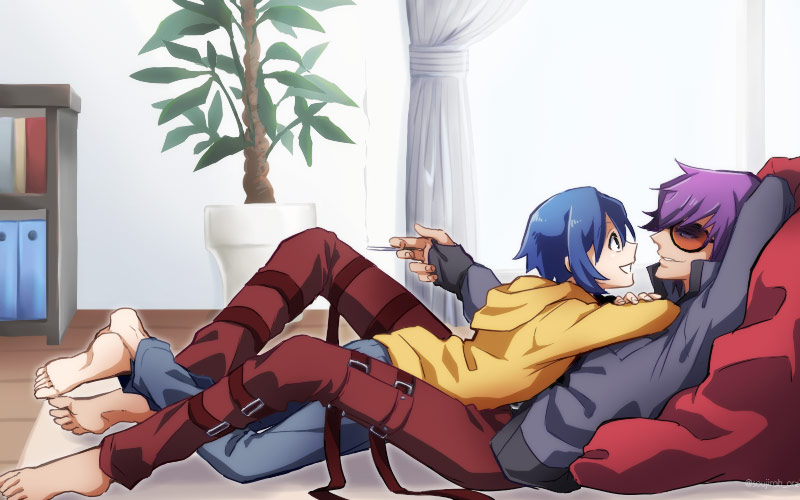 1boy, 2boys, barefoot, blue_eyes, blue_hair, casual, controller, flipped_hair
