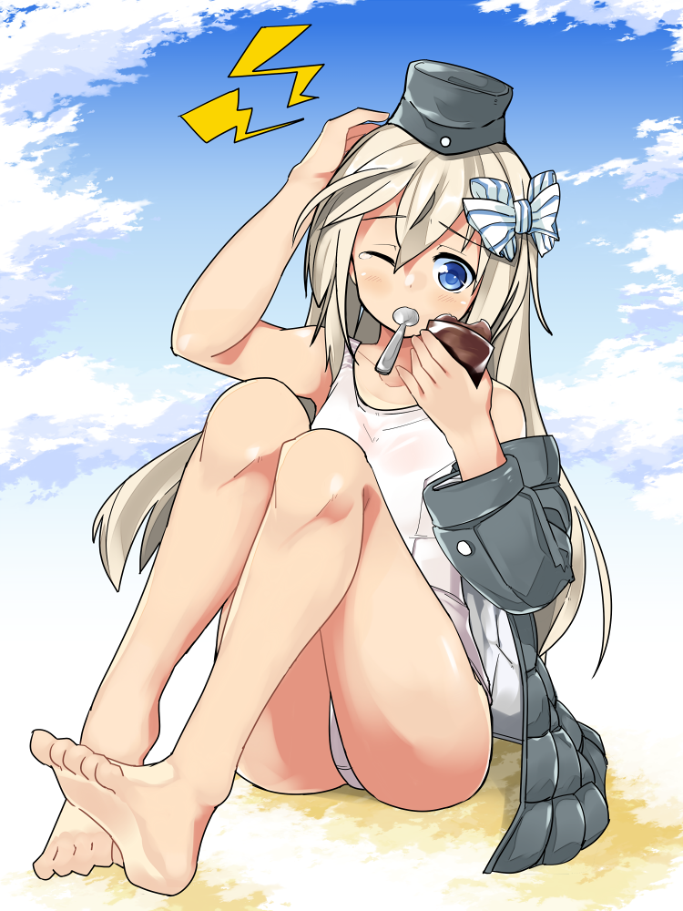 10s, 1girl, barefoot, blonde_hair, blue_eyes, brain_freeze, clouds, food