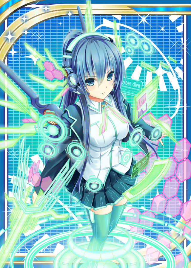 1girl, akkijin, blue_eyes, blue_hair, computer, cyberspace, hacker_(shinkai_no_valkyrie), mecha_musume