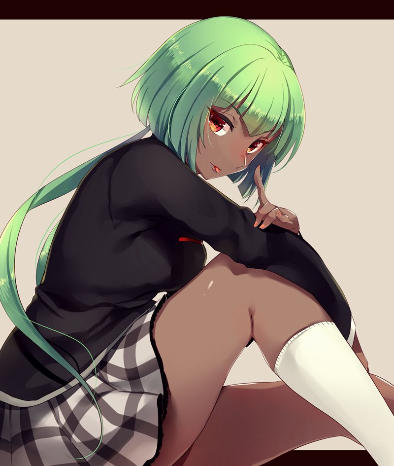 1girl, :p, breasts, dark_skin, emerald_sustrai, green_hair, half-closed_eyes, long_sleeves