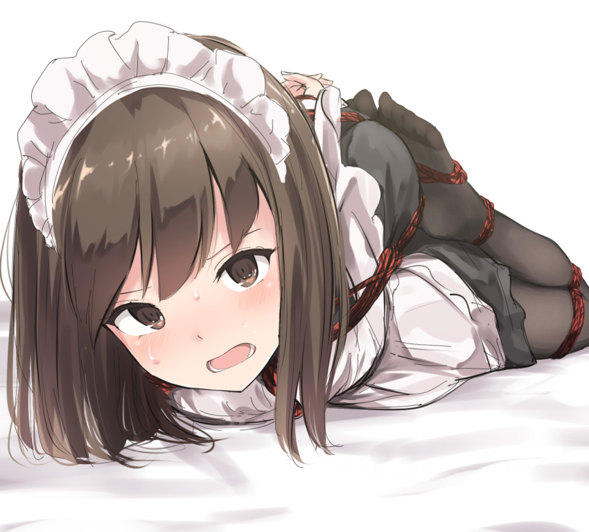 1girl, apron, bangs, bdsm, black_legwear, blush, bondage, bound