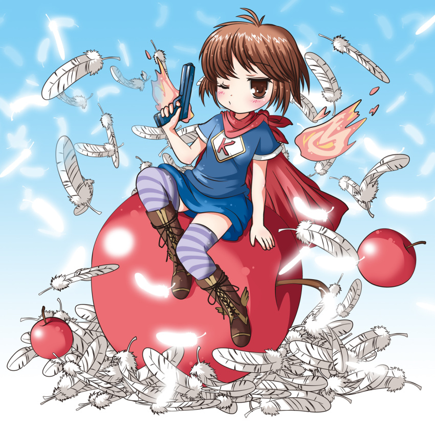 1girl, ahoge, brown_hair, cape, cherry, feathers, food, fruit