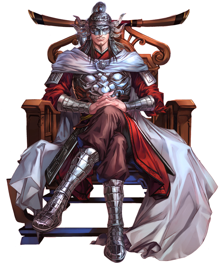 1boy, armor, black_hair, cape, chair, facial_hair, goatee, helmet, kingdom, legs_crossed, long_hair, male_focus, mask, mustache, ousen_(kingdom), sitting, solo, throne, white_background, yona_(edenkasuga)