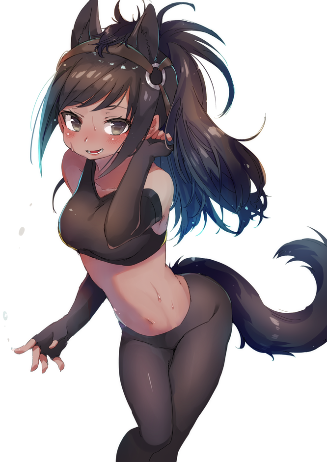 10s, 1girl, animal_ears, arare_mochiko, arm_up, black_gloves, black_hair, blush, breasts, brown_eyes, brown_hair, brown_thoroughbred_(kemono_friends), dark_skin, elbow_gloves, fingerless_gloves, gloves, hair_tucking, horse_ears, horse_tail, japan_racing_association, kemono_friends, long_hair, looking_at_viewer, medium_breasts, midriff, navel, o-ring, simple_background, smile, solo, sports_bra, sweat, tail, white_background