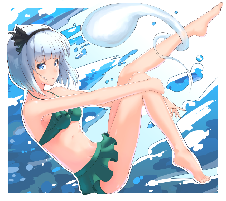 1girl, bangs, barefoot, bikini, bob_cut, different, frilled_bikini, frills