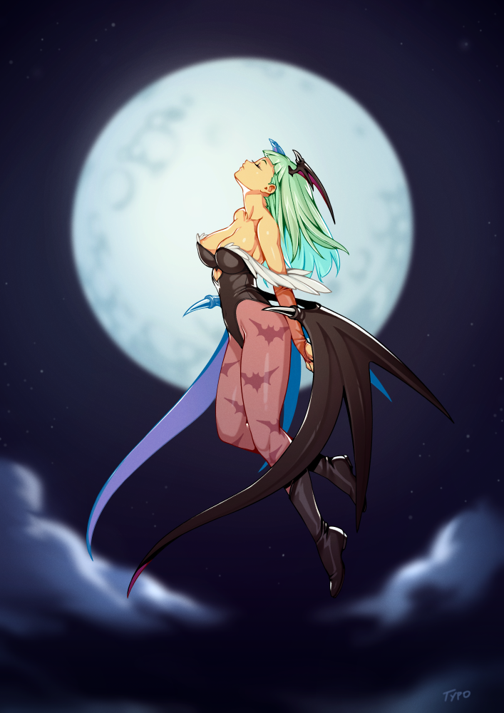 1girl, animal_print, bat_print, bat_wings, boots, breasts, bridal_gauntlets, capcom