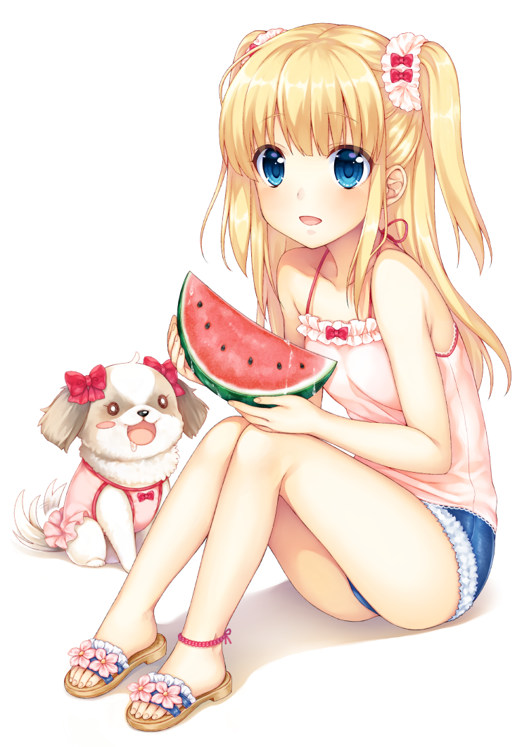 1girl, akashi_(akashimichi), blonde_hair, blue_eyes, blush_stickers, bow, camisole, cutoffs