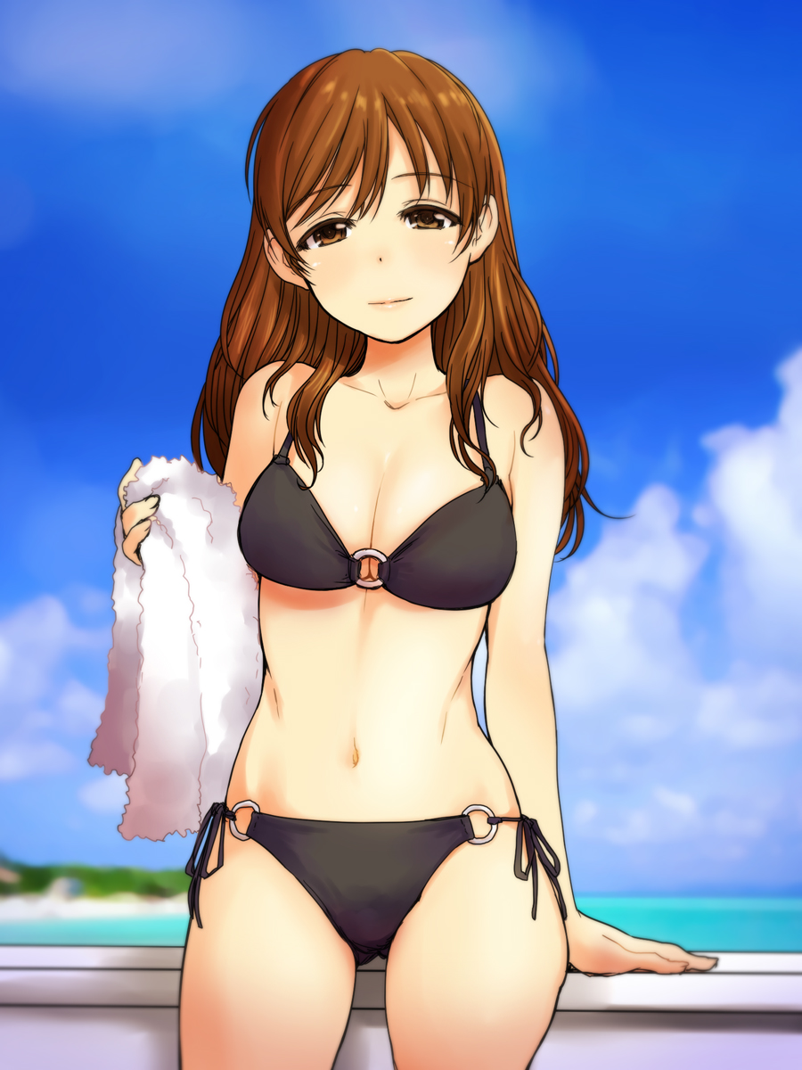 1girl, bikini, black_bikini, breasts, brown_eyes, brown_hair, clouds, cowboy_shot