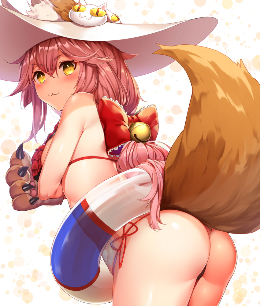 1girl, :3, animal_ears, ass, bare_arms, bare_shoulders, bell, bikini